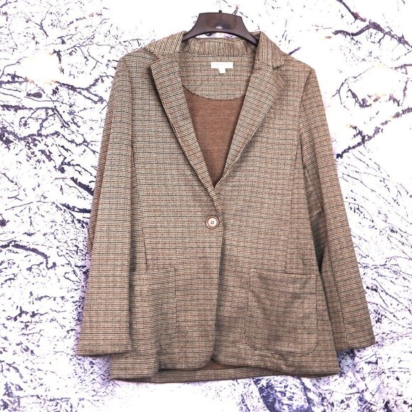TAN KNIT BLAZER L Max Studio Dark Academia Fall Neutral Brown Grey Office Work - Picture 2 of 8